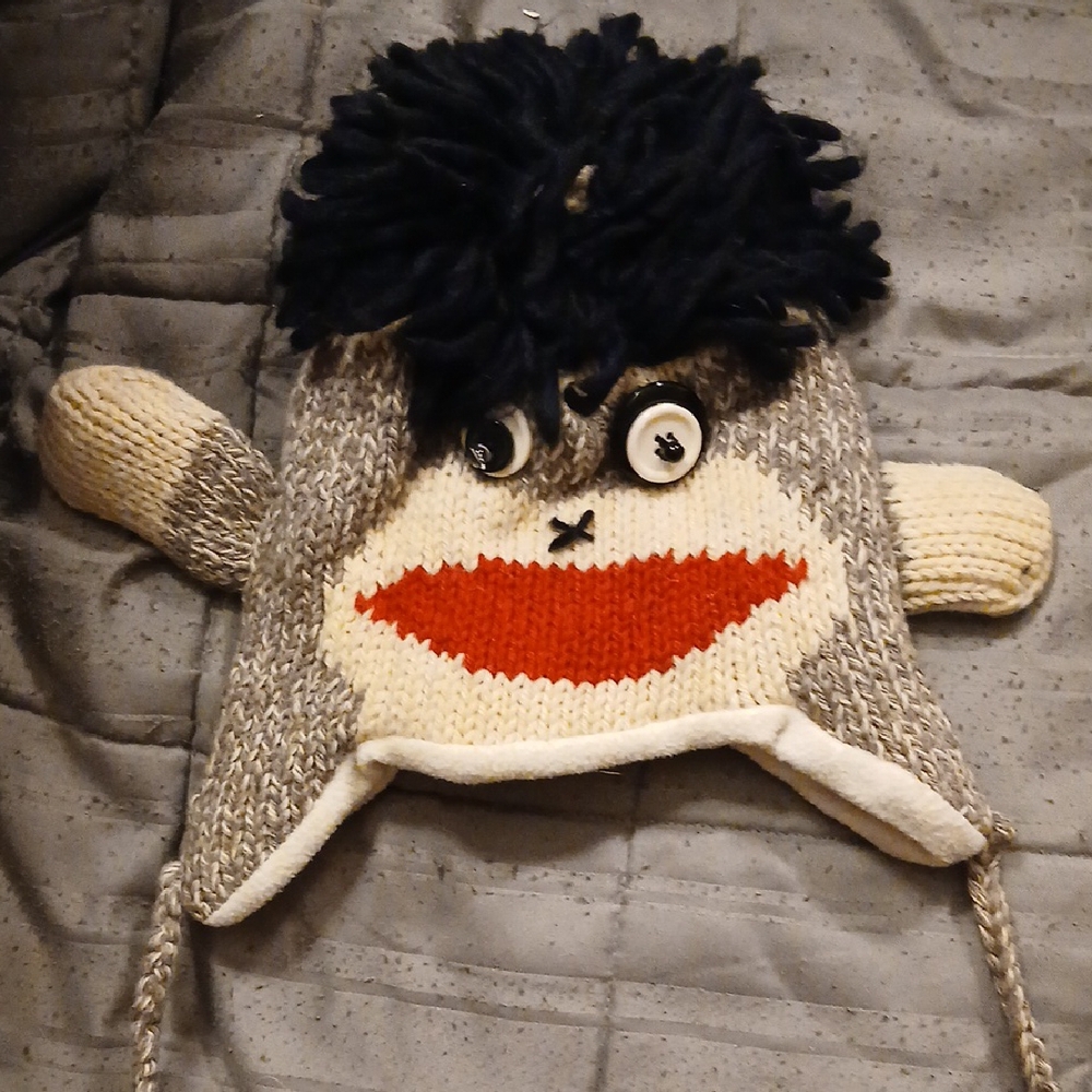 Knit Sock Monkey Hat with Black Hair